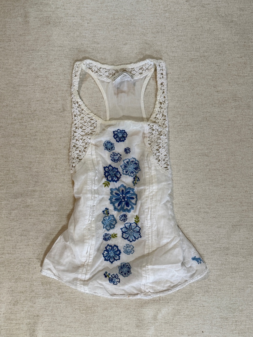 Abercrombie & Fitch White Racerback Tank with Blue Floral Embroidery